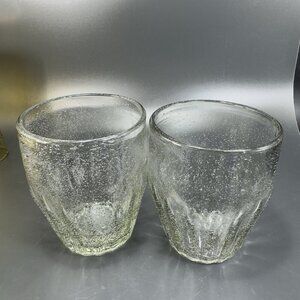 Vintage Hand Blown Transparent Green Tint Lowball Tumbler Glasses Set 2 Bubbles